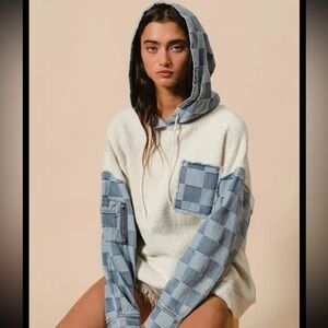 HEAVY LOOP TERRY WITH WASHED CHECKER DENIM HOODED PULLOVER